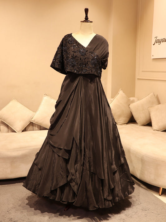 Midnight black cape gown set