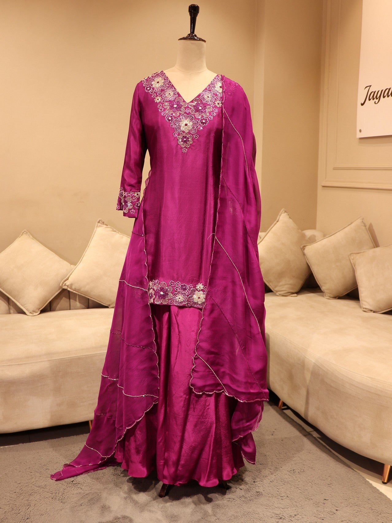 Wine embroidered kurta plazo dupatta