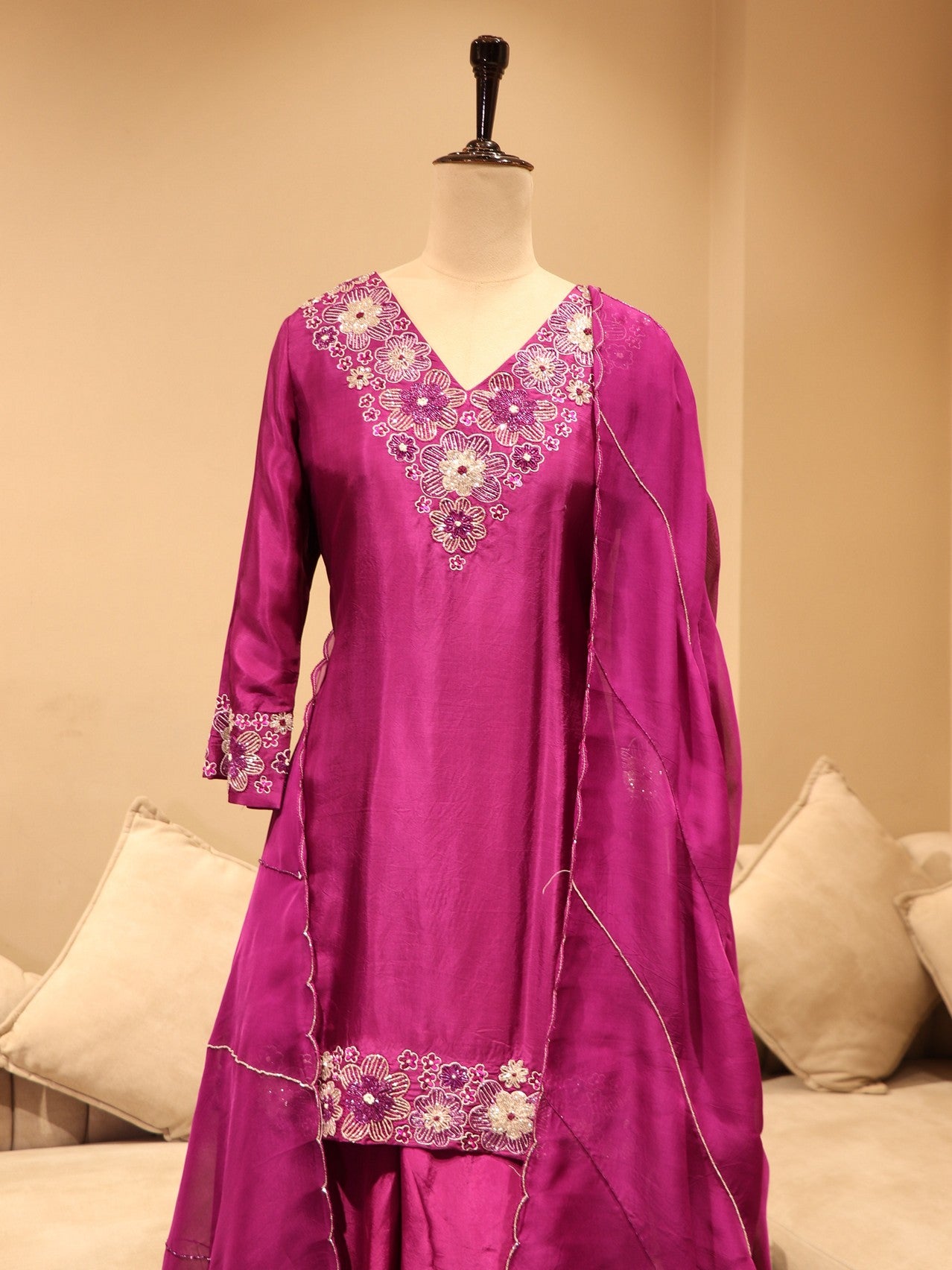 Wine embroidered kurta plazo dupatta