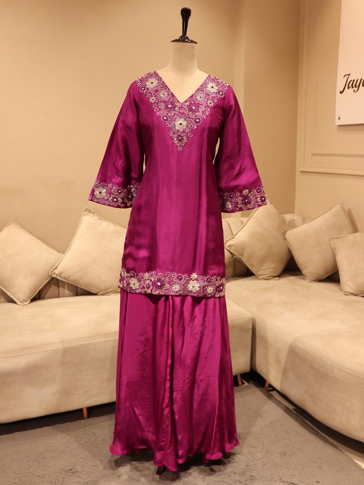 Wine embroidered kurta plazo dupatta