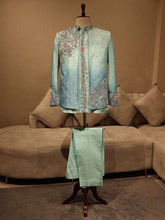 pastel sea green shaded embroidered indo western