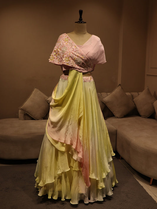 pink yellow cape top drape skirt