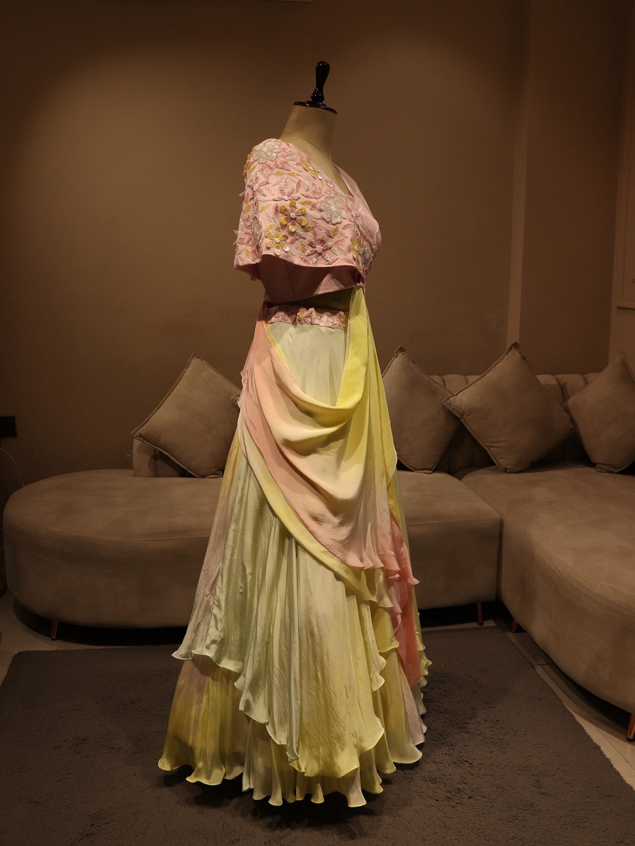 pink yellow cape top drape skirt