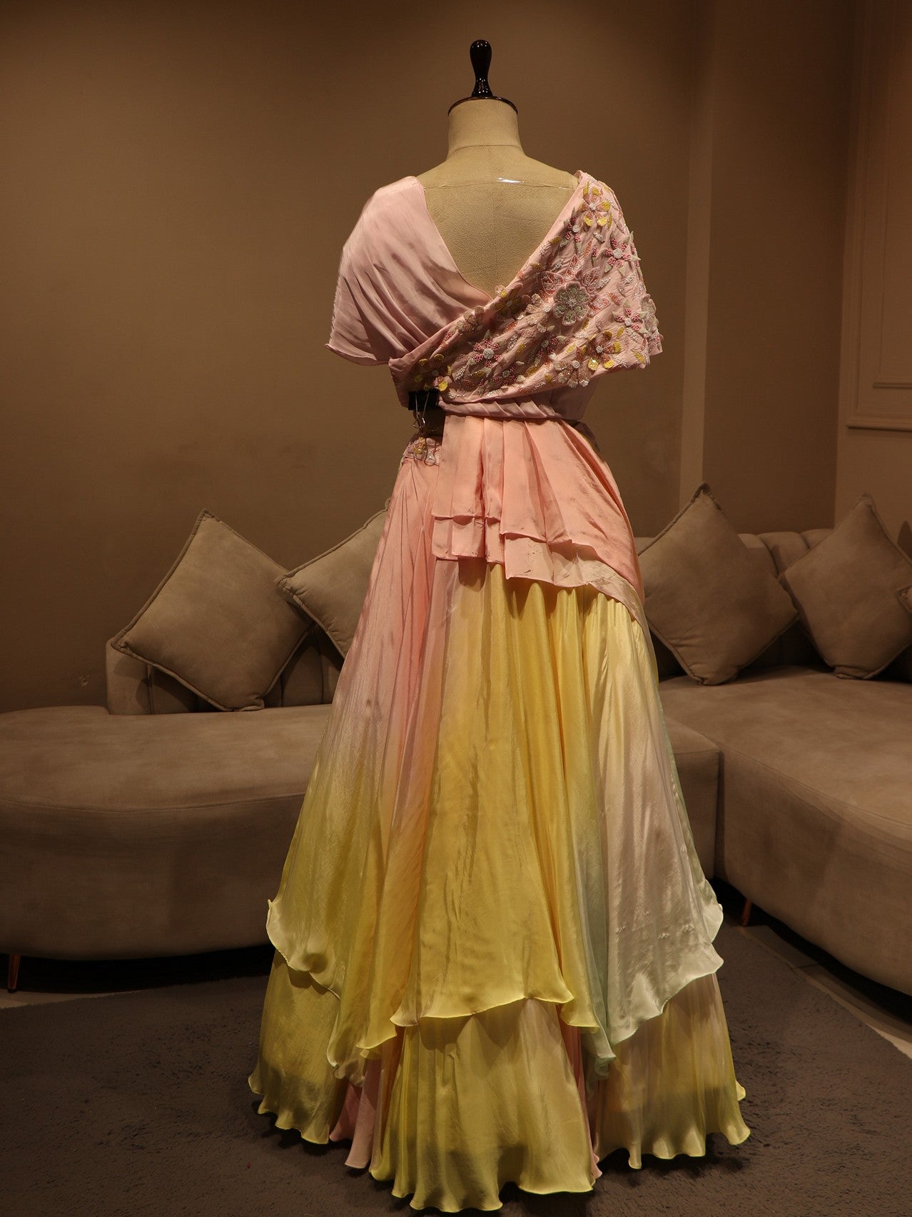pink yellow cape top drape skirt