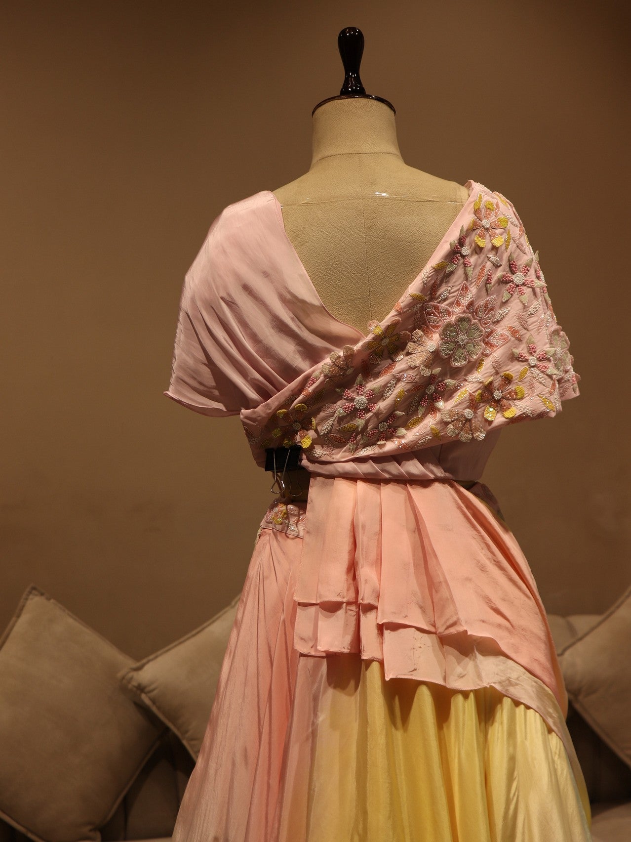 pink yellow cape top drape skirt