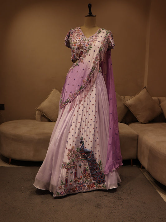 Lilac peacock lehenga with drape dupatta