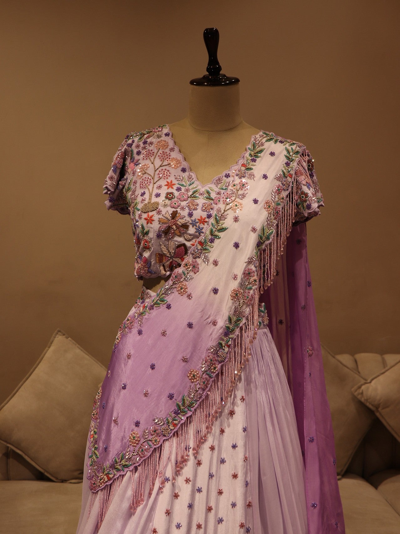 Lilac peacock lehenga with drape dupatta