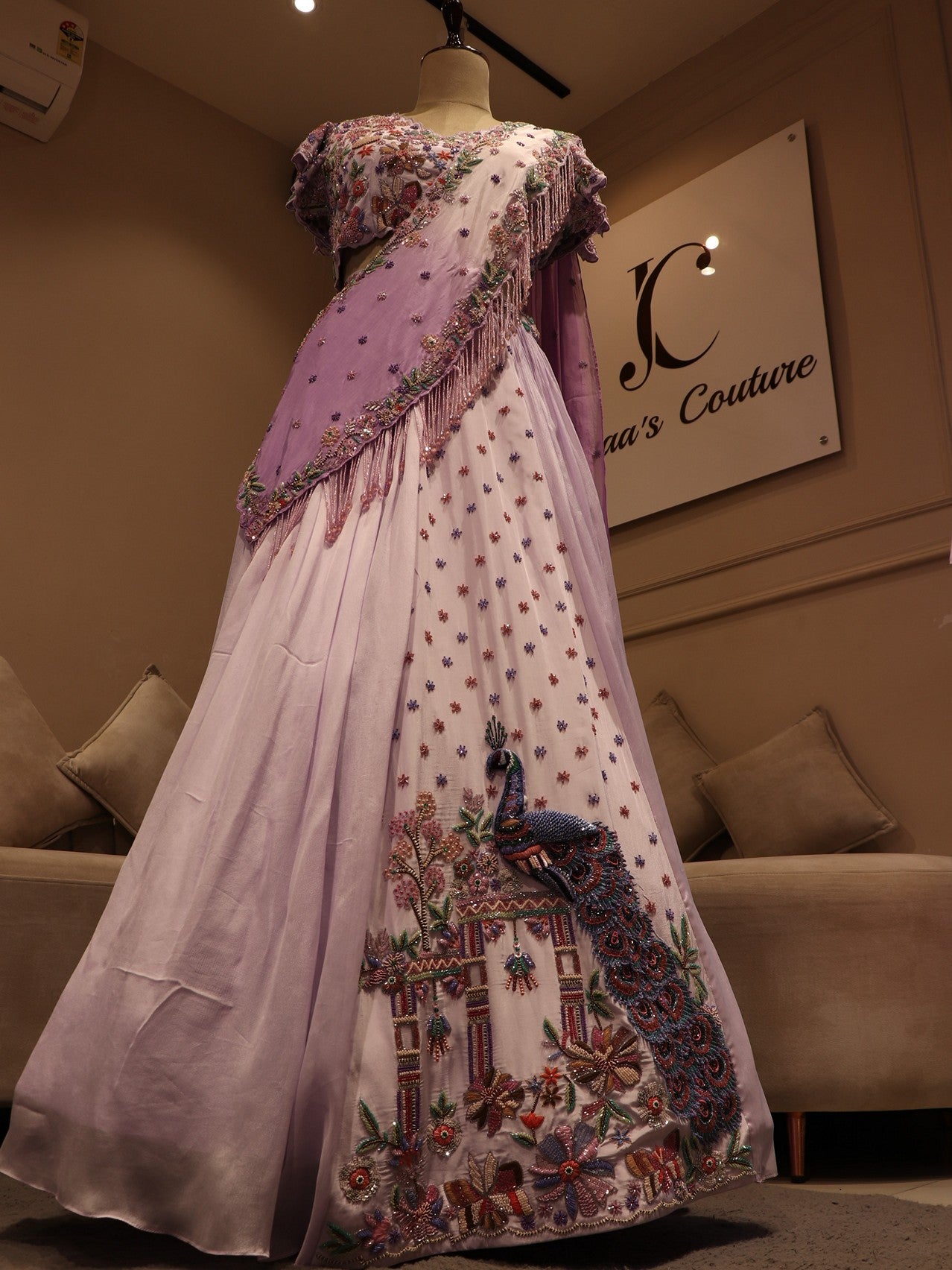 Lilac peacock lehenga with drape dupatta