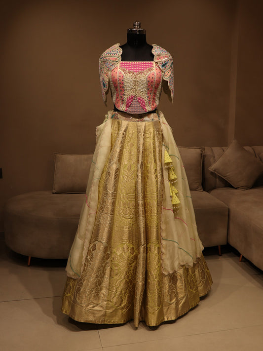 green multi shaded banarasi cape sleeves  lehenga set