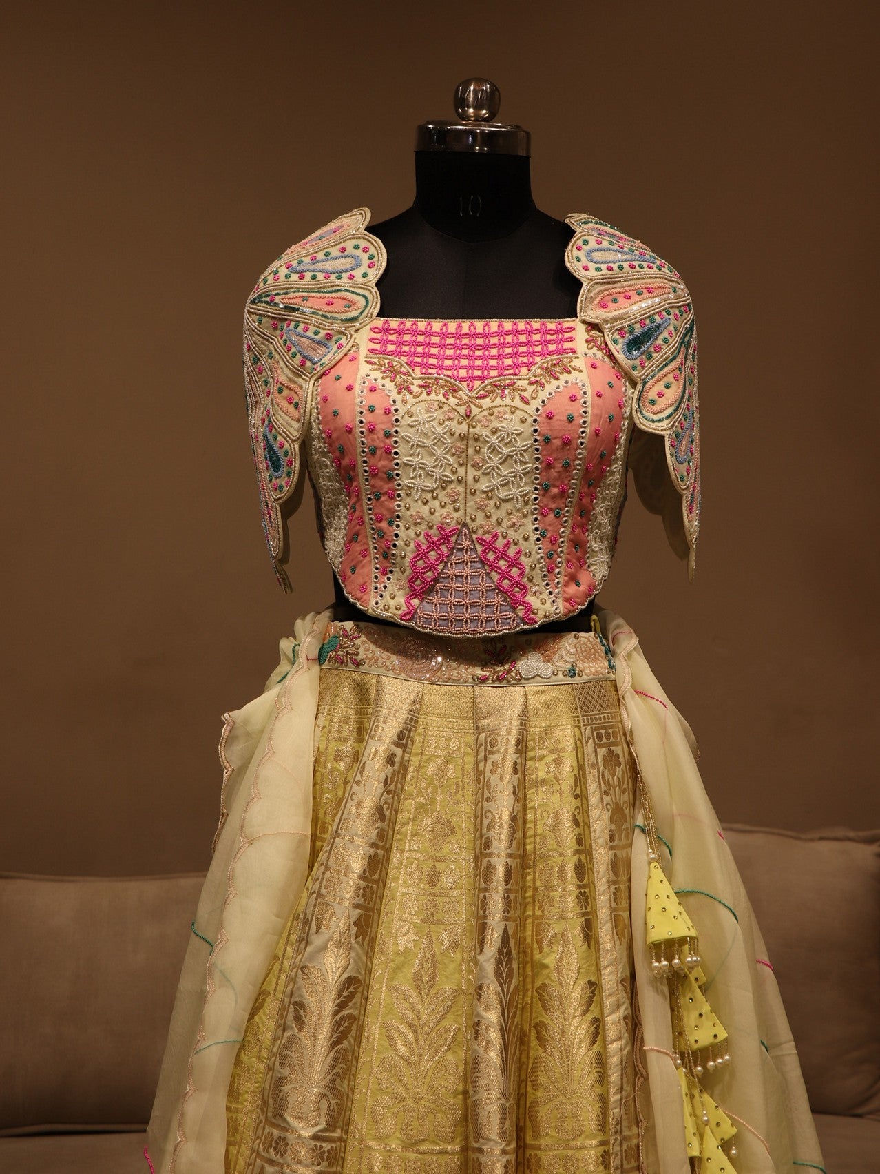 green multi shaded banarasi cape sleeves  lehenga set