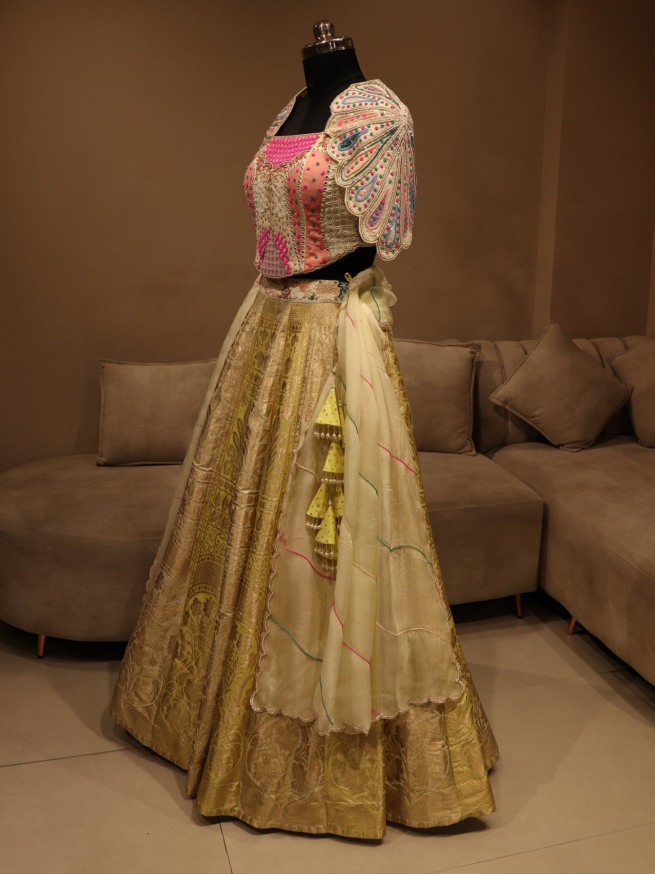 green multi shaded banarasi cape sleeves  lehenga set