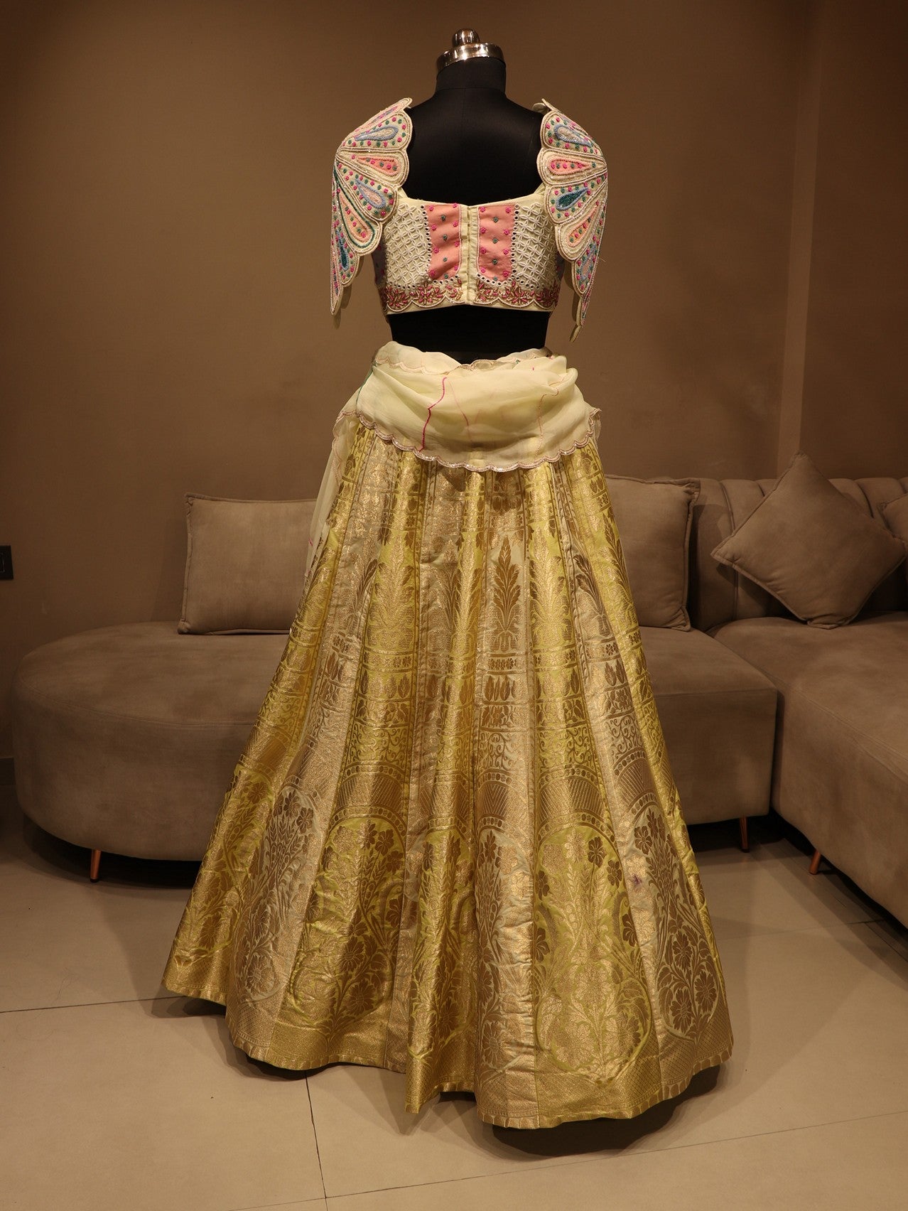 green multi shaded banarasi cape sleeves  lehenga set