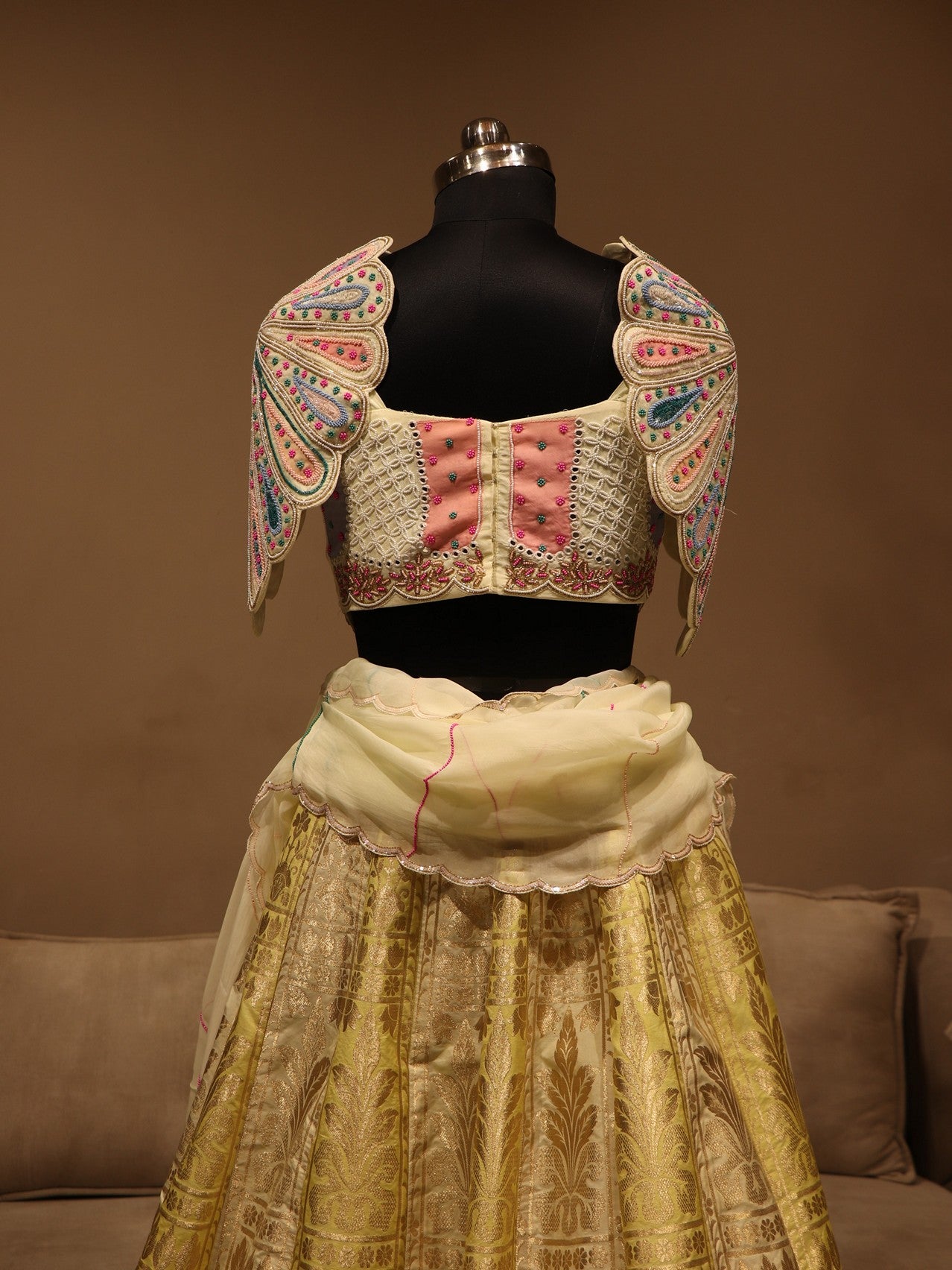 green multi shaded banarasi cape sleeves  lehenga set