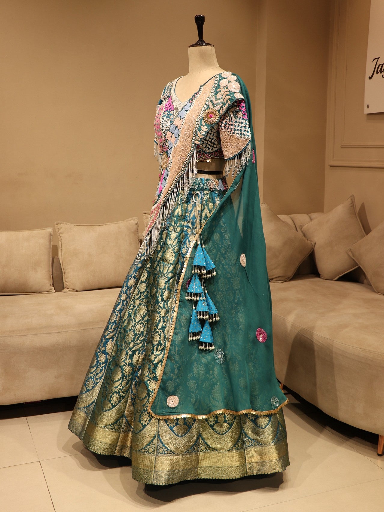 Turquoise blue banarasi lehenga set