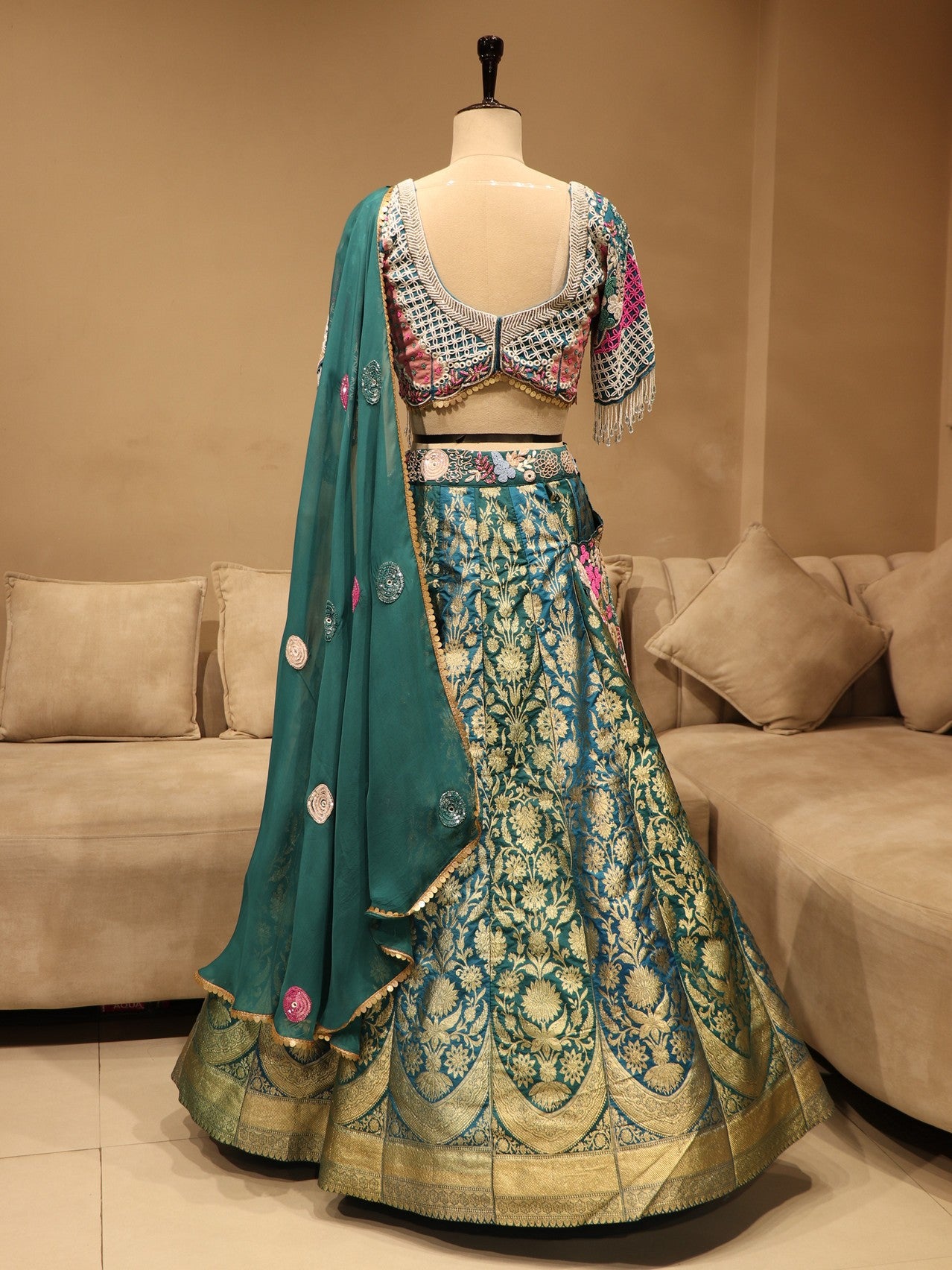Turquoise blue banarasi lehenga set