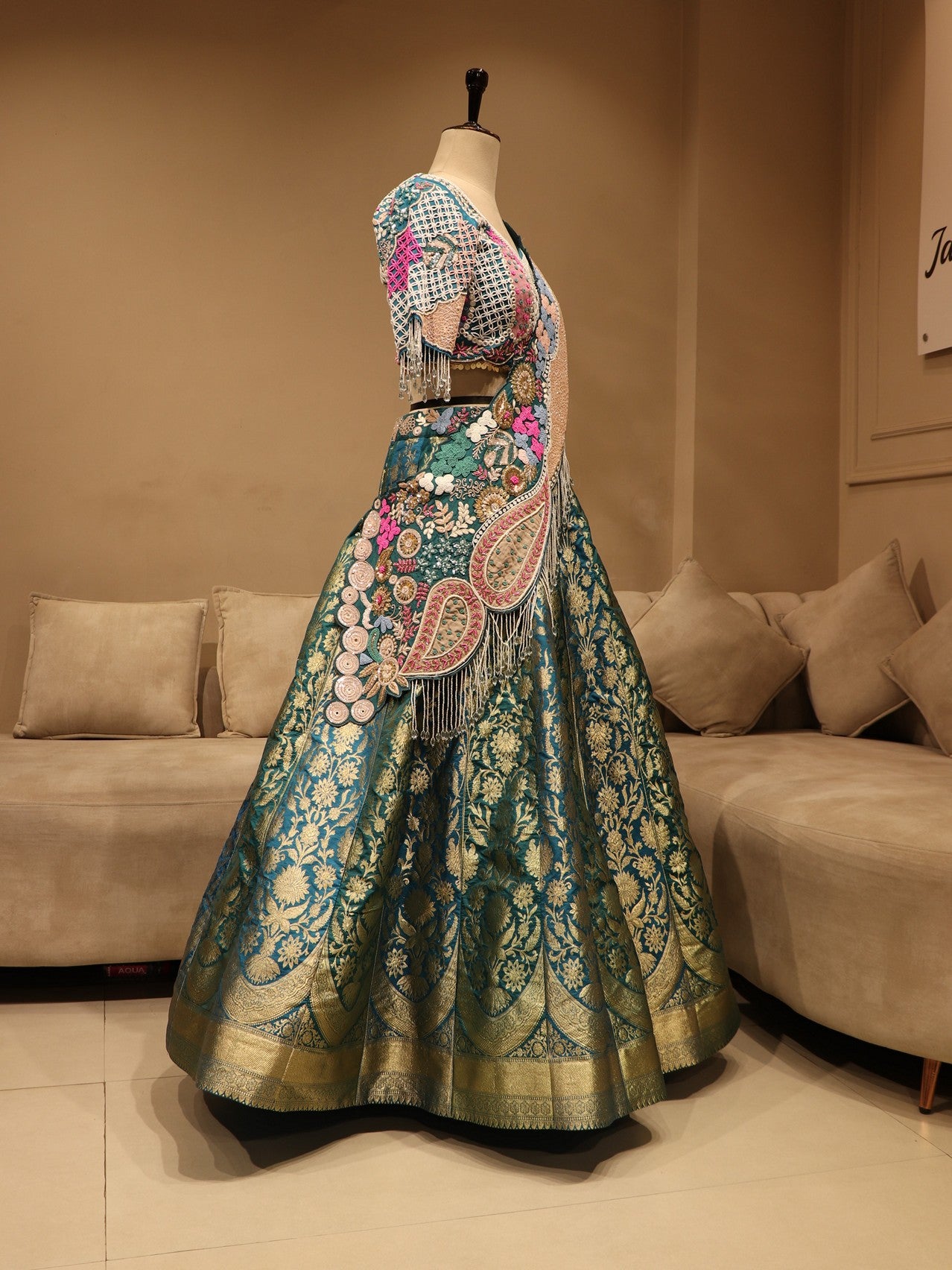 Turquoise blue banarasi lehenga set