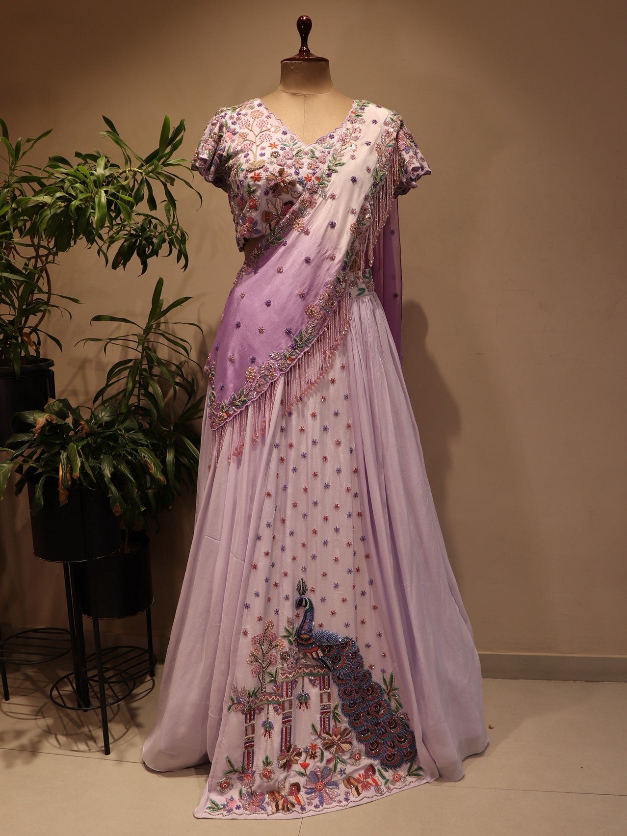 Lilac peacock lehenga with drape dupatta