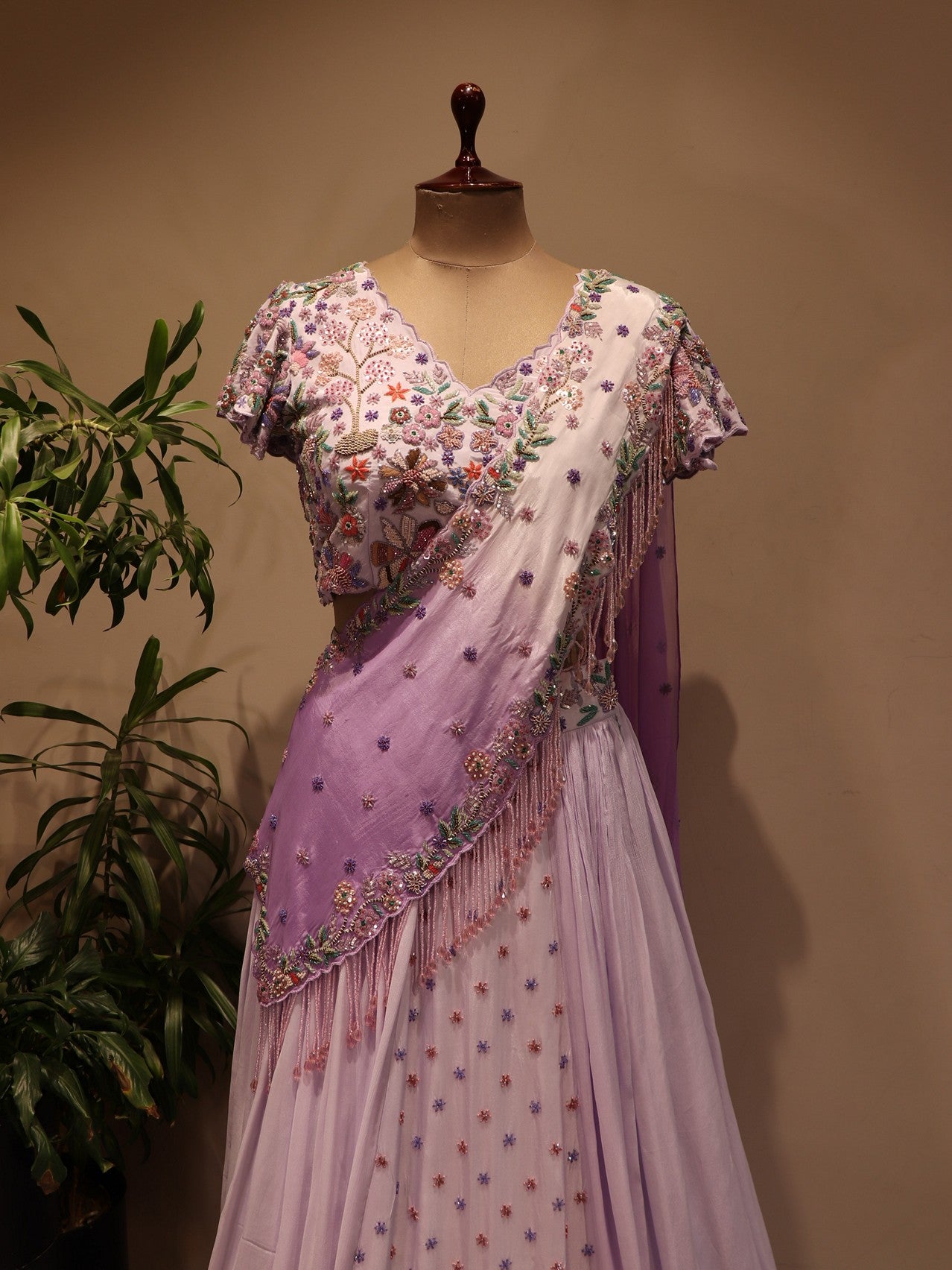 Lilac peacock lehenga with drape dupatta
