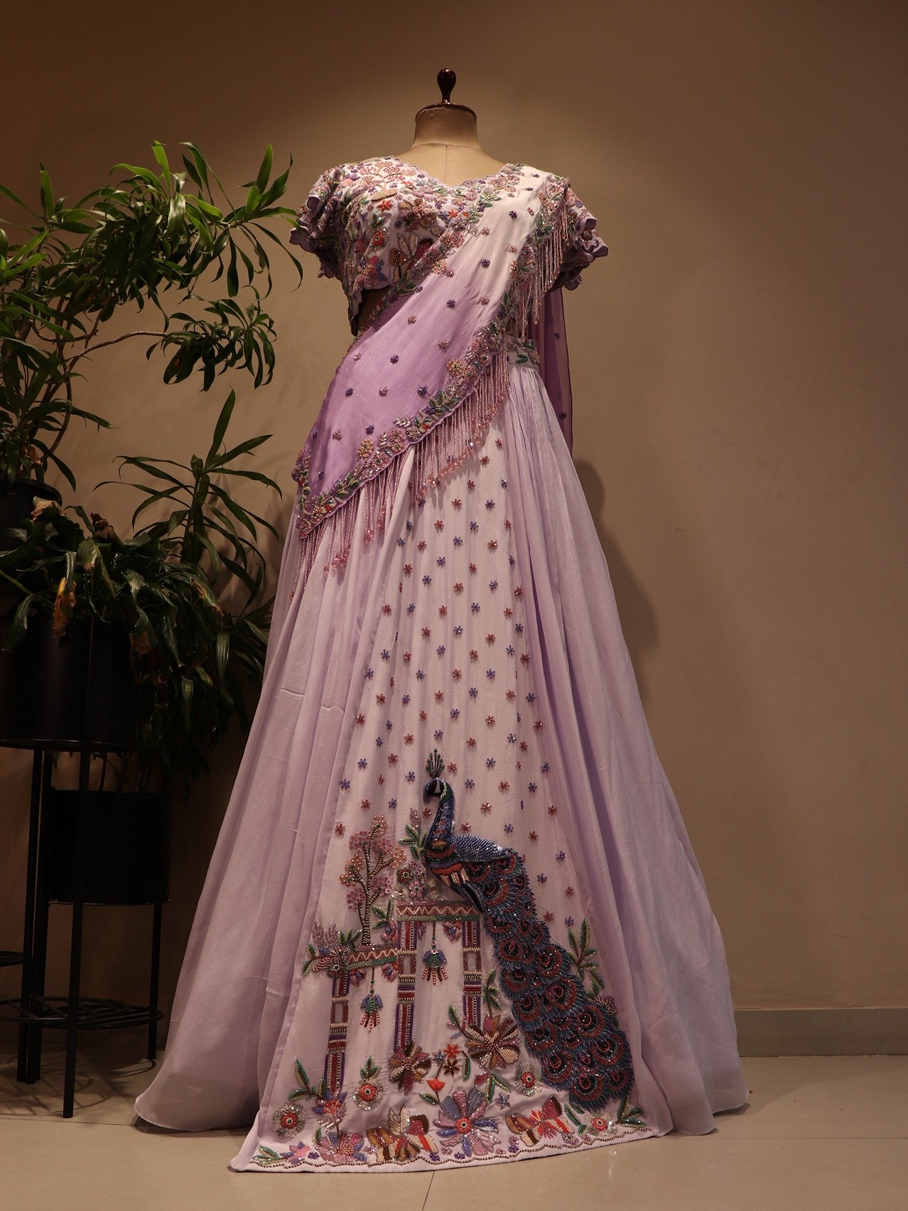 Lilac peacock lehenga with drape dupatta