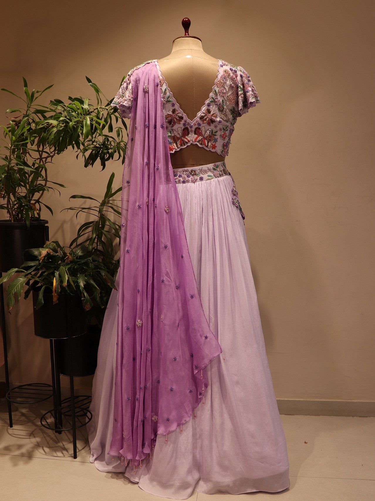 Lilac peacock lehenga with drape dupatta