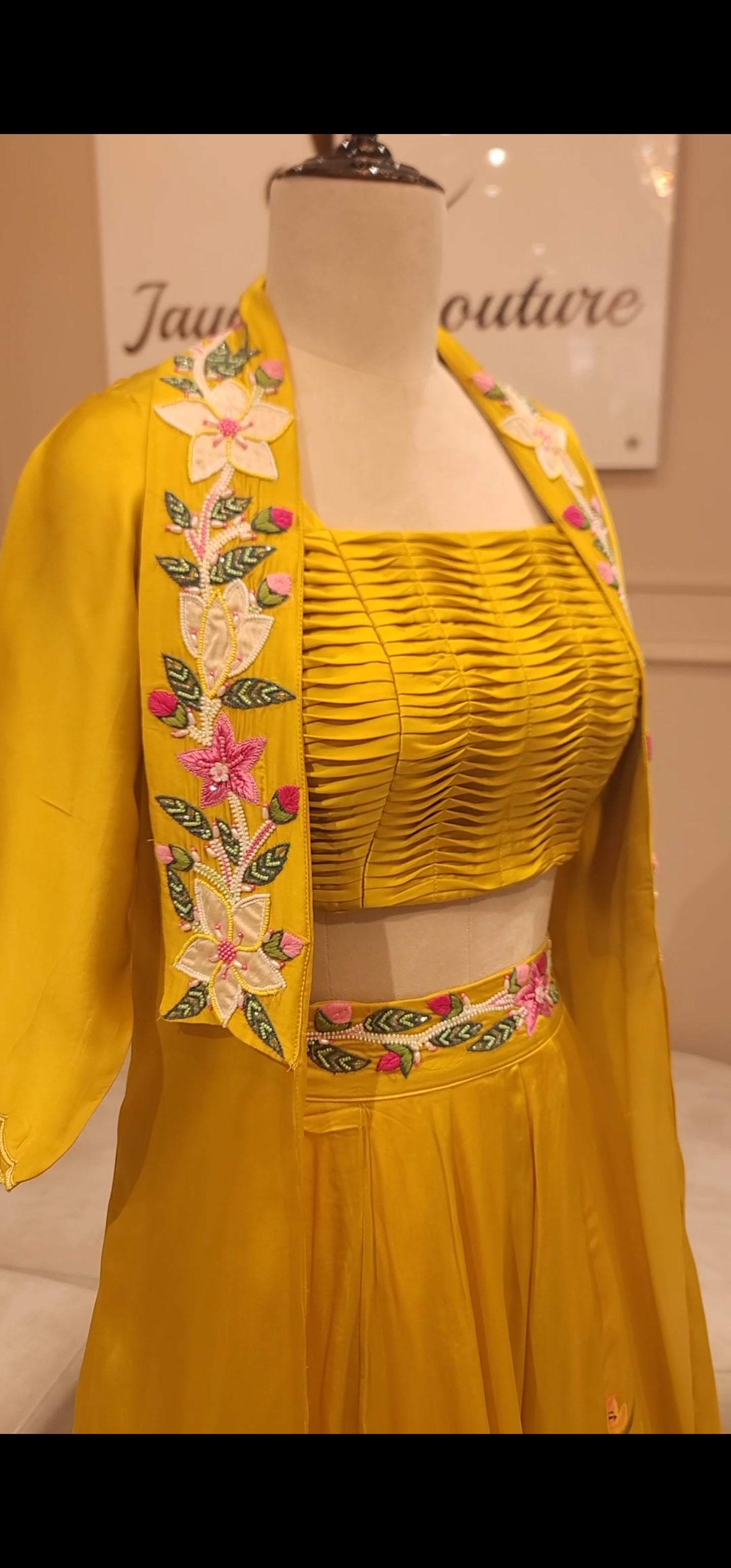 Mustard yellow hand painted crop top with skirt and cape