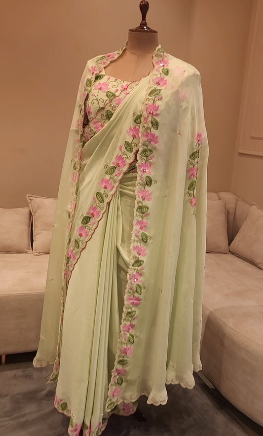 Green shreenathji pichwai handpainted saree with shrug