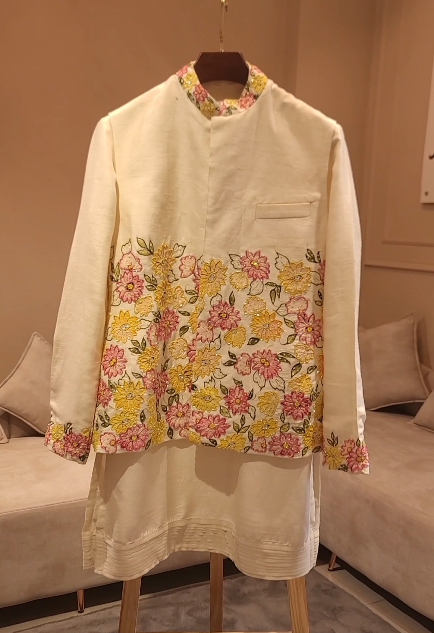 Off white embroidered mens neheru jacket with kurta pants