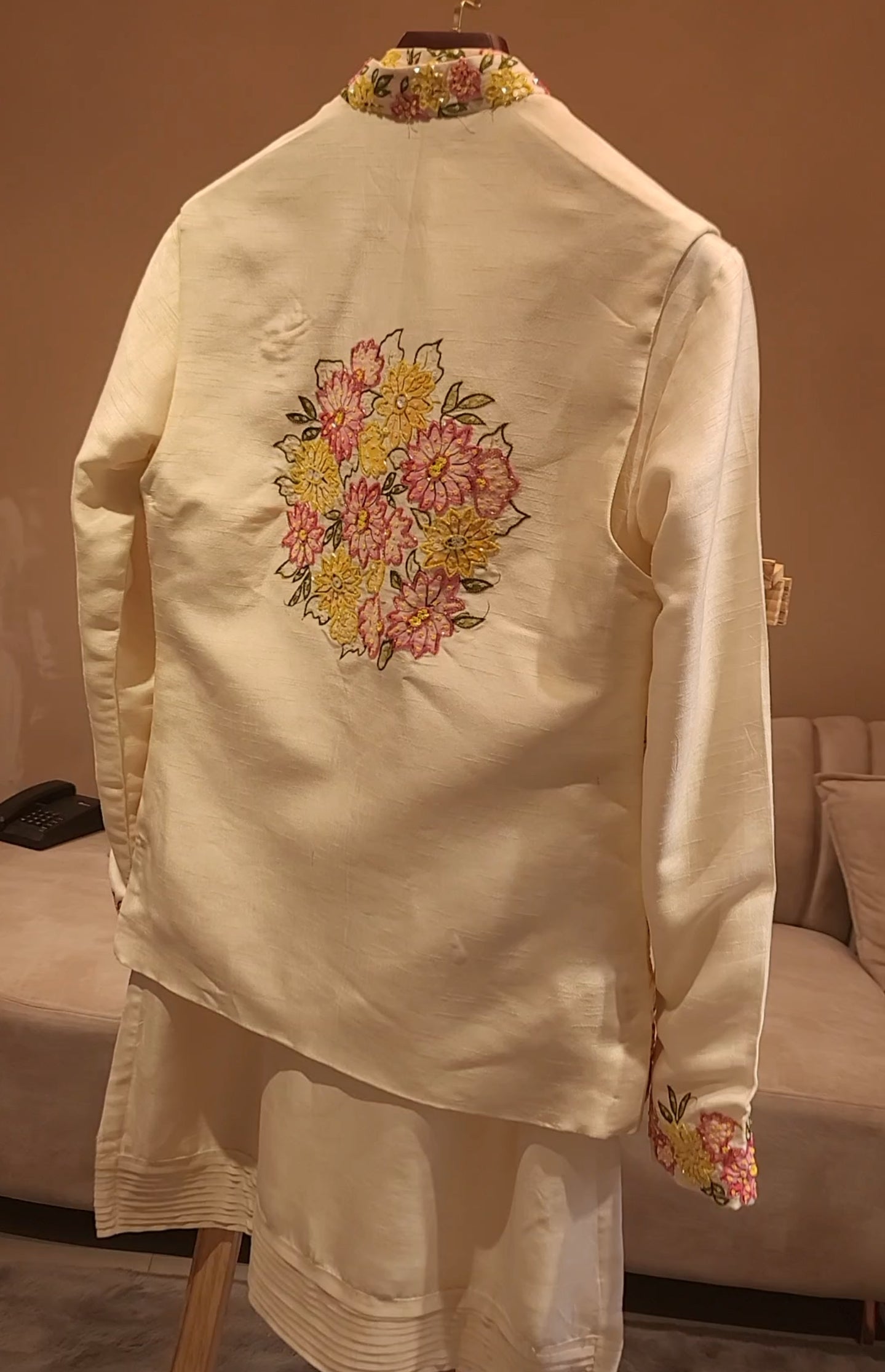 Off white embroidered mens neheru jacket with kurta pants