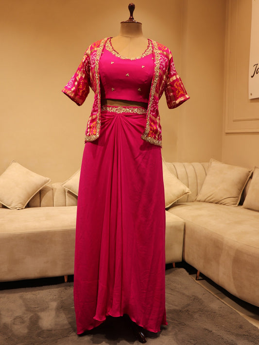 Rani ghatchola with crop top and drape skirt