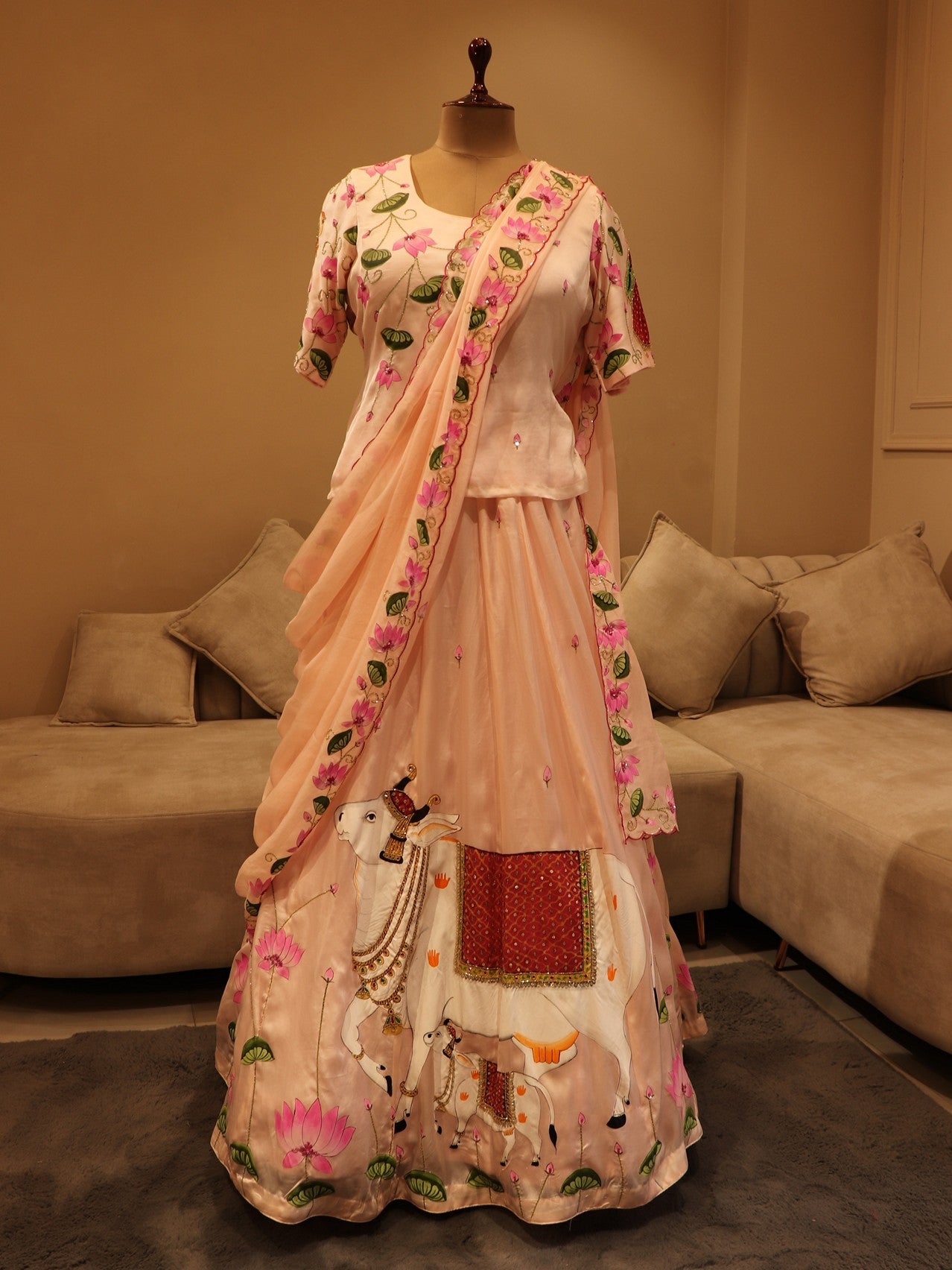 Blush pink hand painted pichwai radha kishan lehenga set