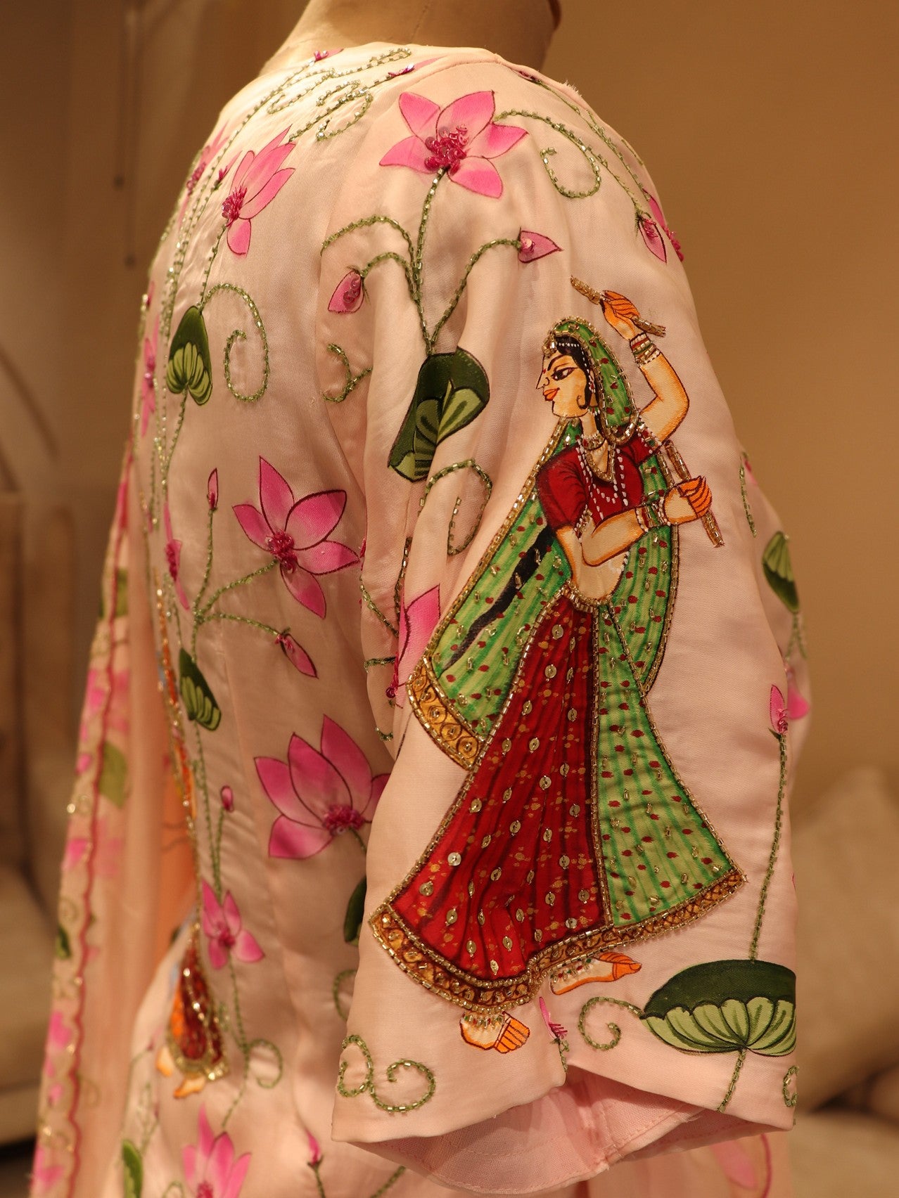 Blush pink hand painted pichwai radha kishan lehenga set