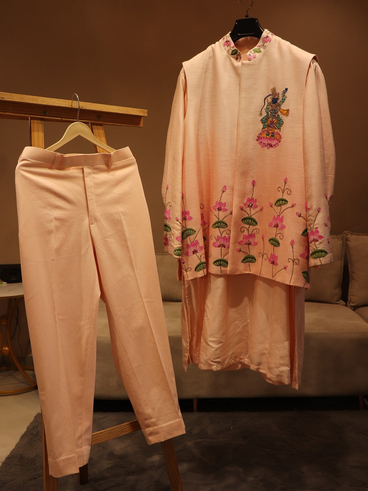 Pichwai shreenath ji Pastel peach shaded mens neheru jacket with kurta pants