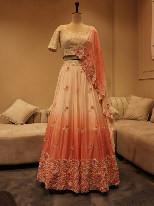 Off white gajri pink shaded lehenga set