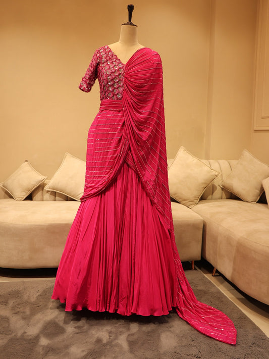 Hot pink 3d flowes drape fish cut gown