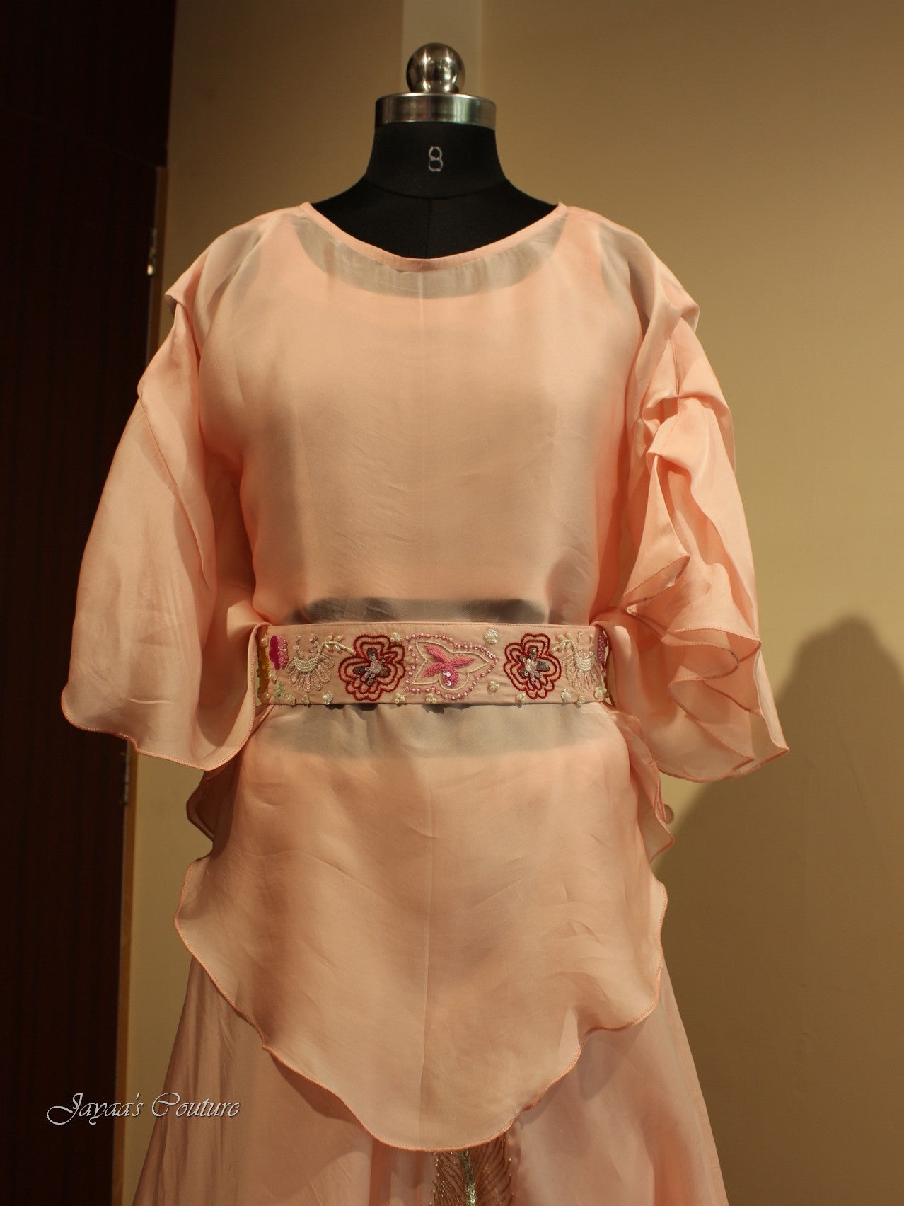 Peach kaftan with belt and skirt