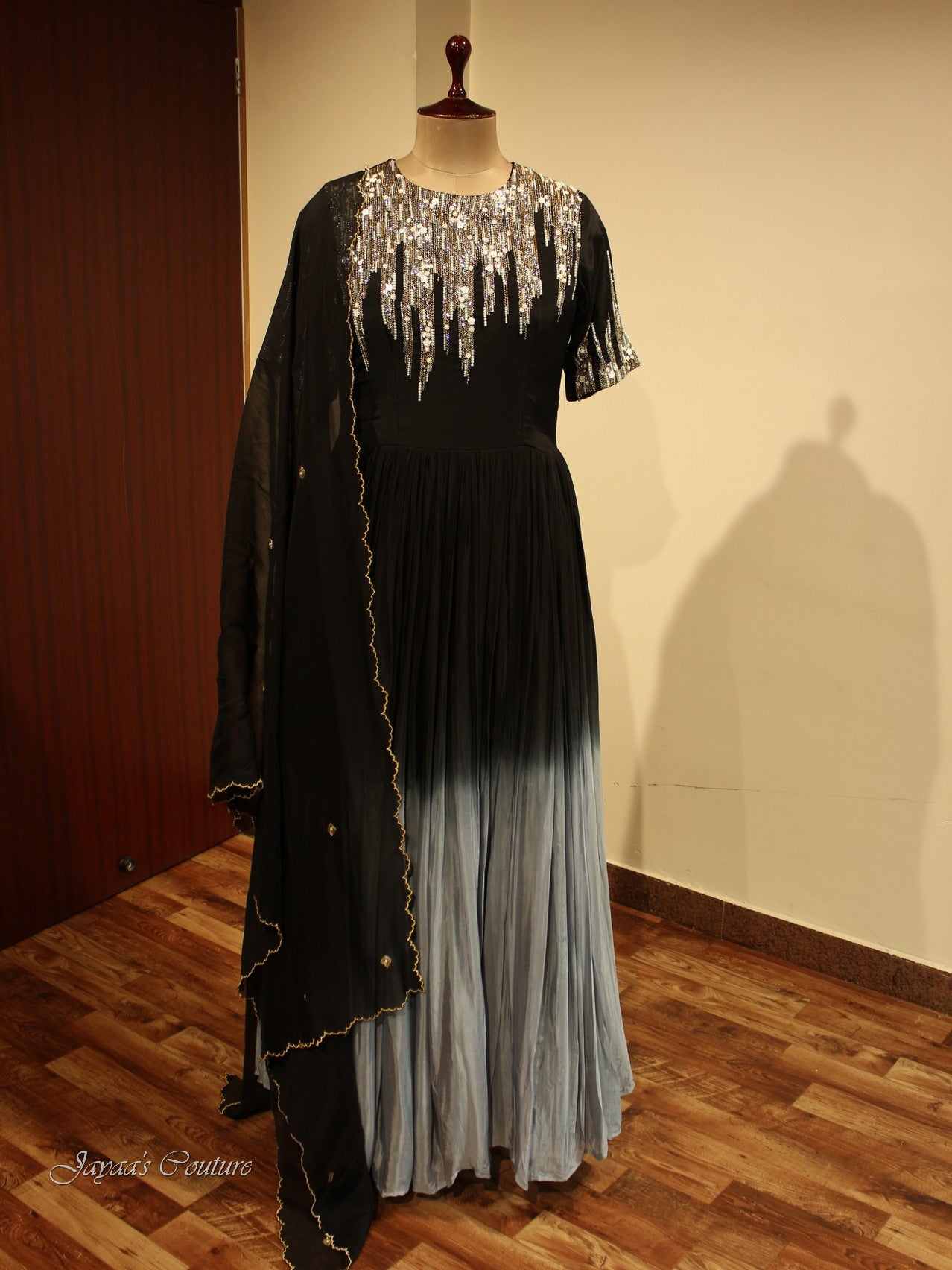 Black grey shaded gown with dupatta