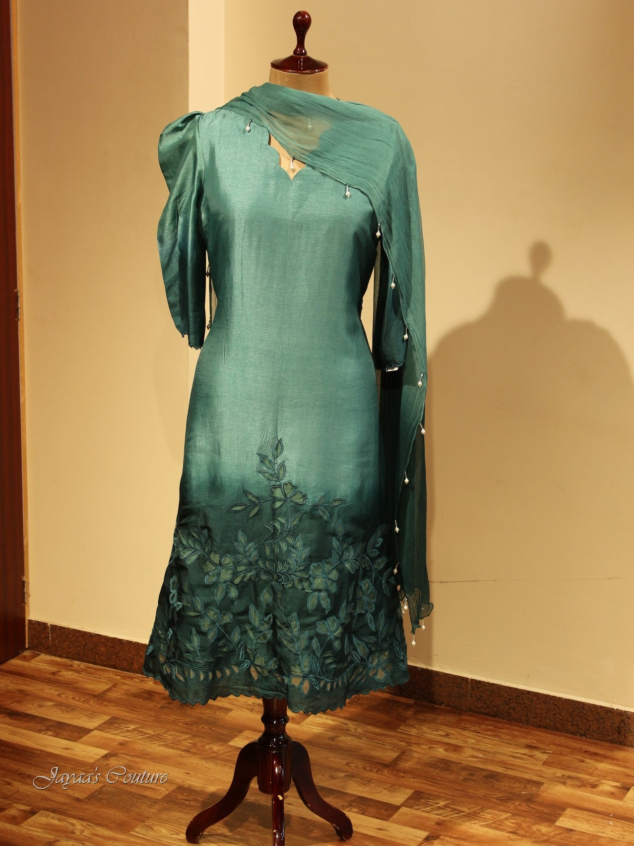 Drak sea green  shaded applique kurta pants dupatta