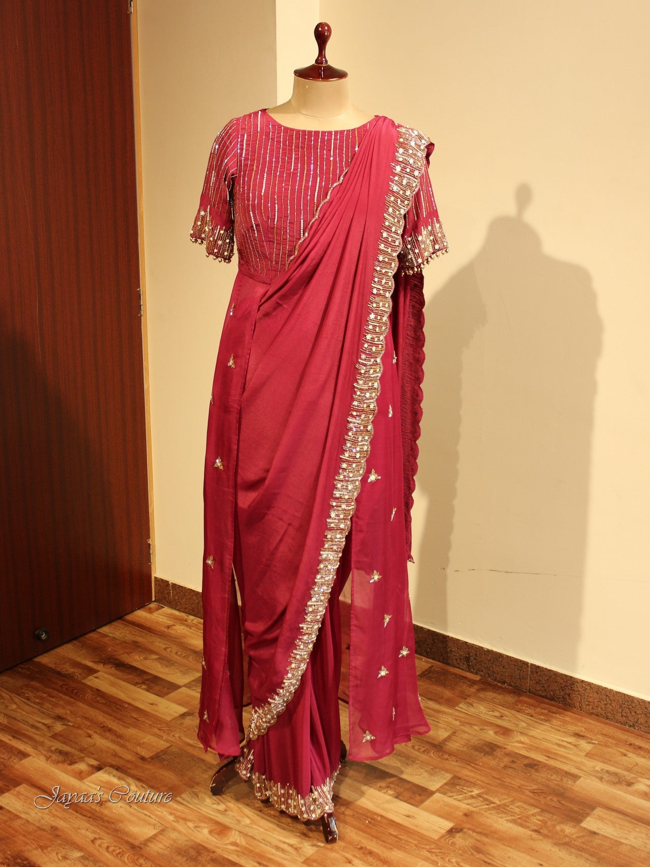 Maroon drape saree with shrug