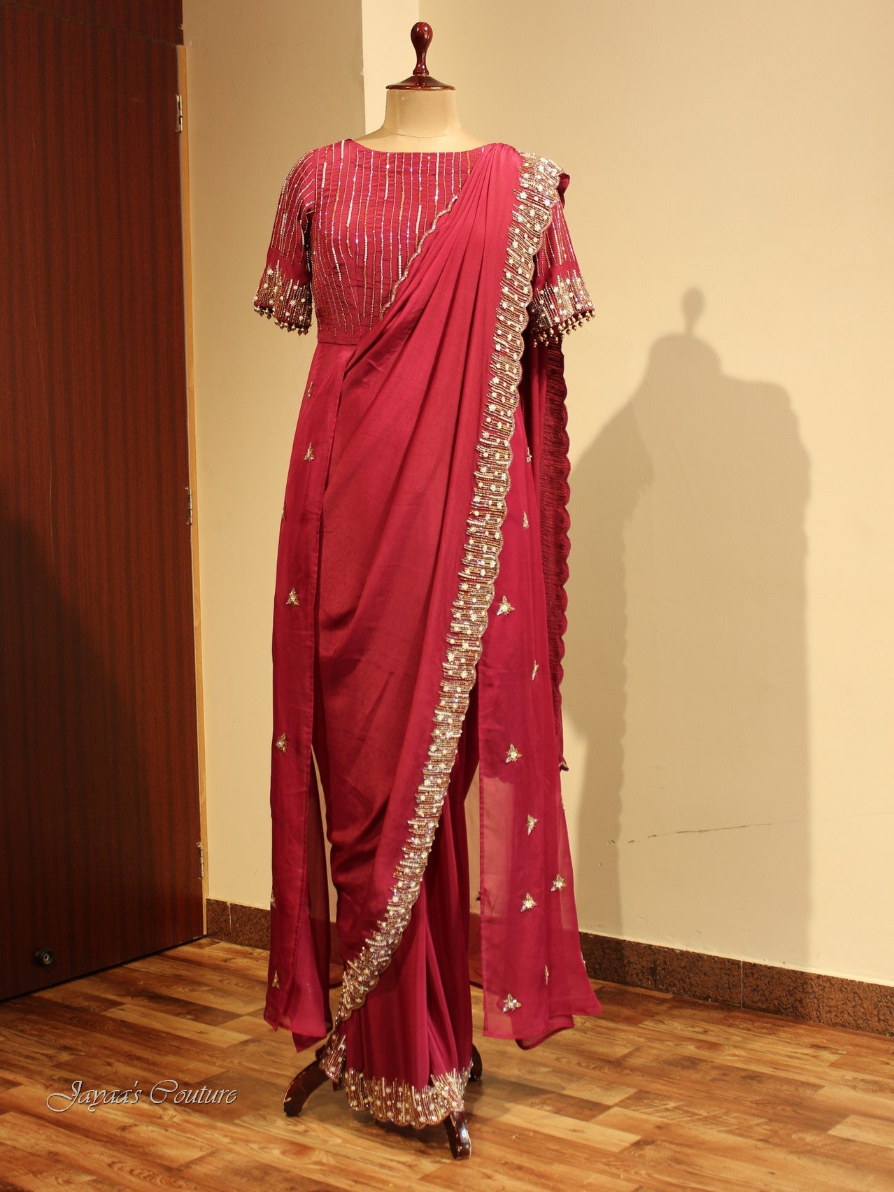 Maroon drape saree with shrug