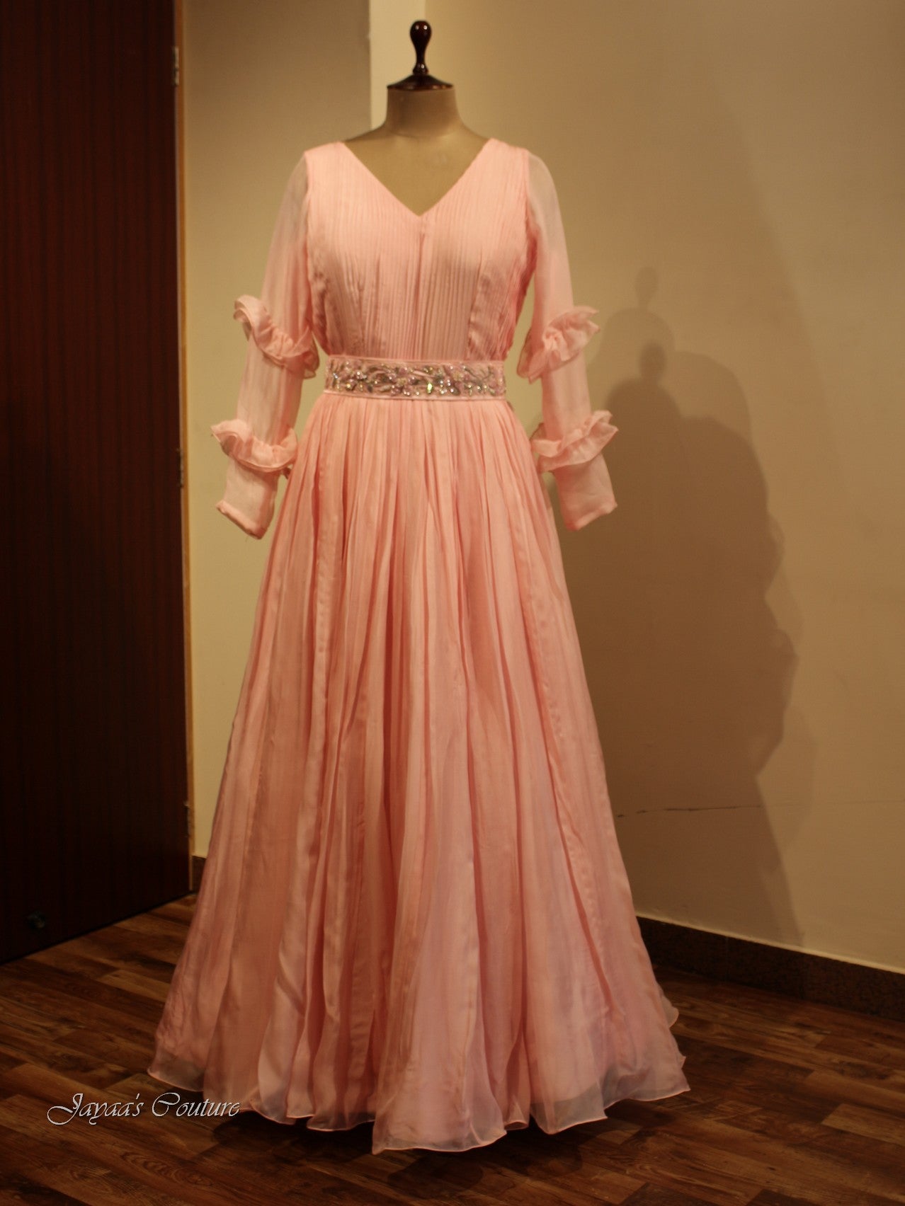 Blush pink Pleted gown with belt