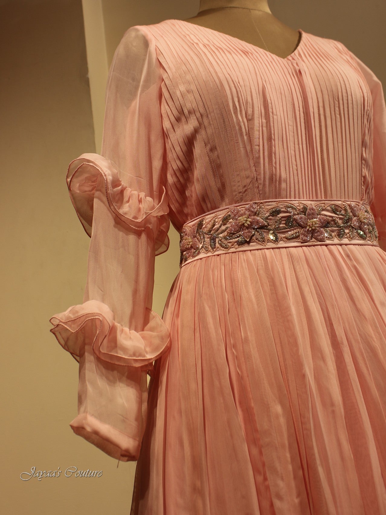 Blush pink Pleted gown with belt