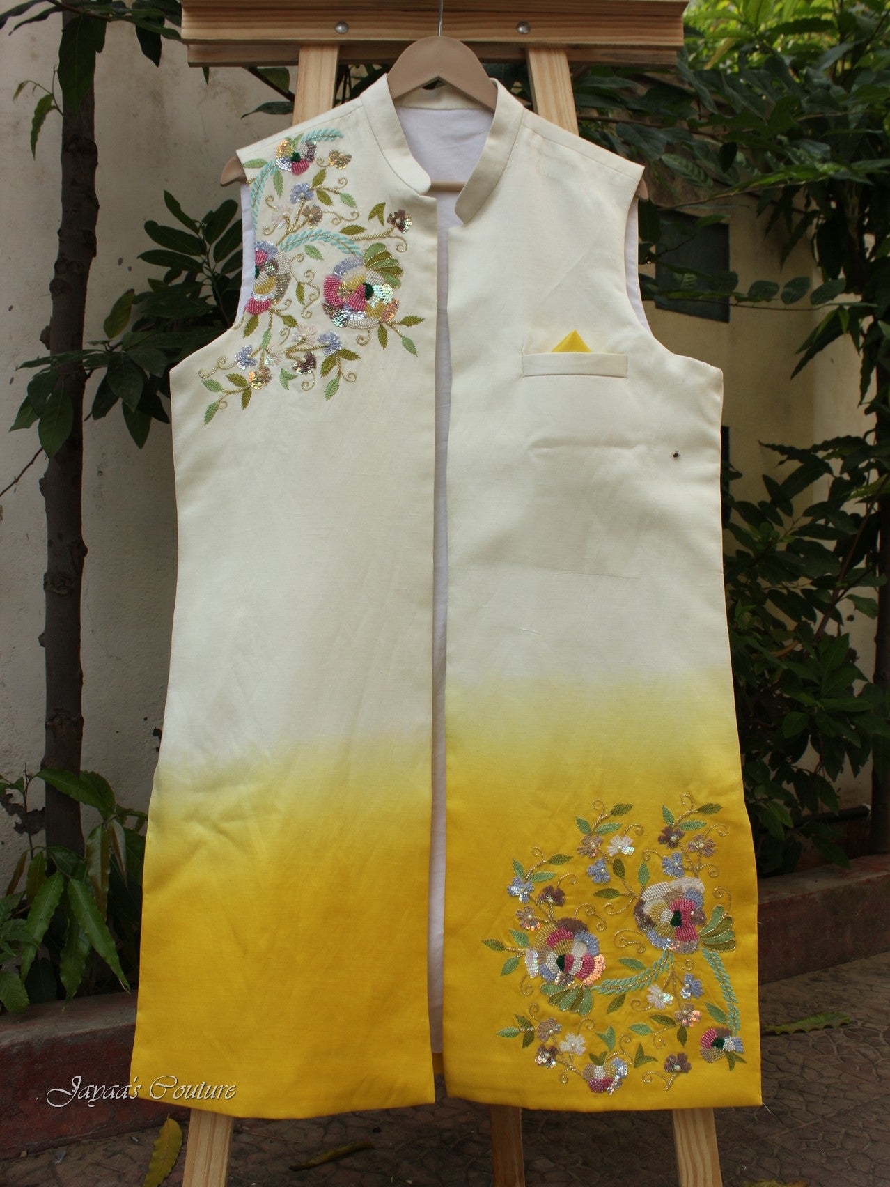 Yellow shaded jacket with kurta and pants