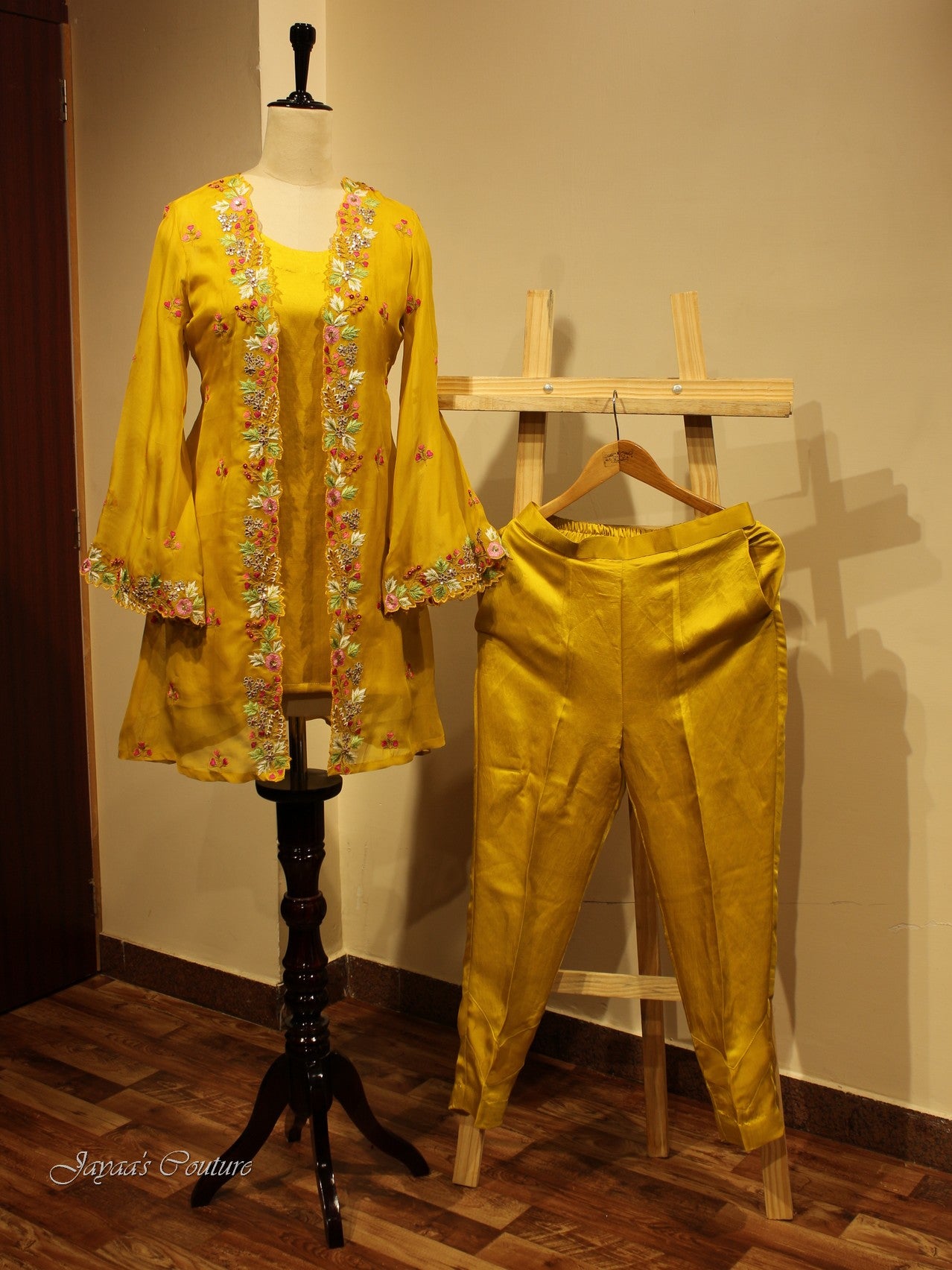 Mustard yellow tunic with shrug and pants