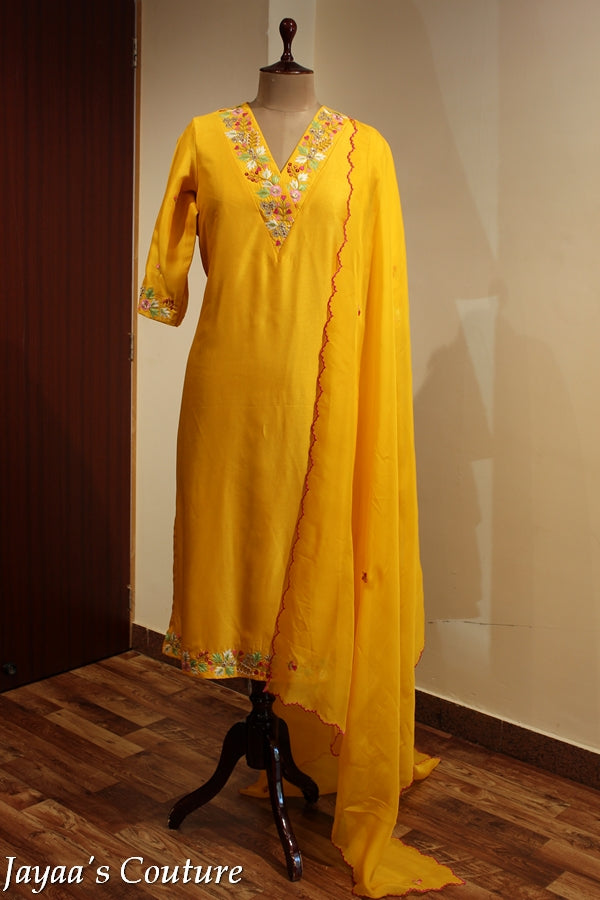 Yellow embroidered kurta pants set
