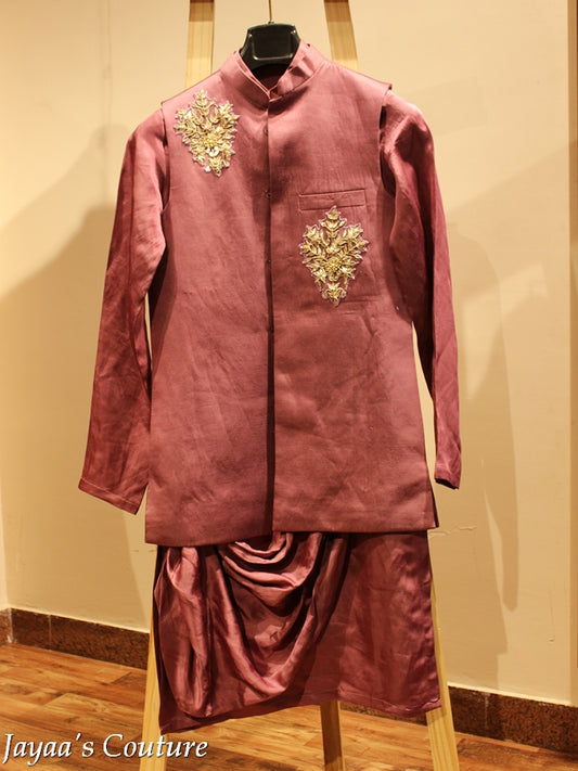 Mauve Drape kurta with neheru jacket andd pants