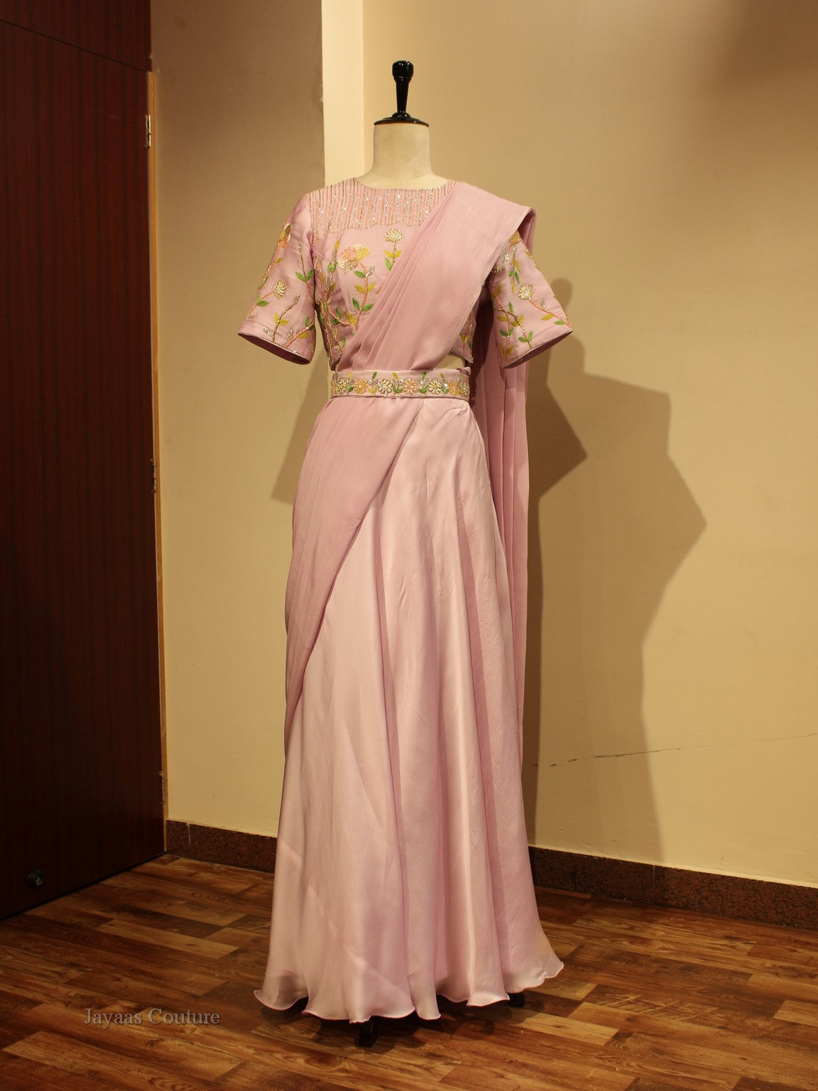 Pastel lavander drape saree with blouse