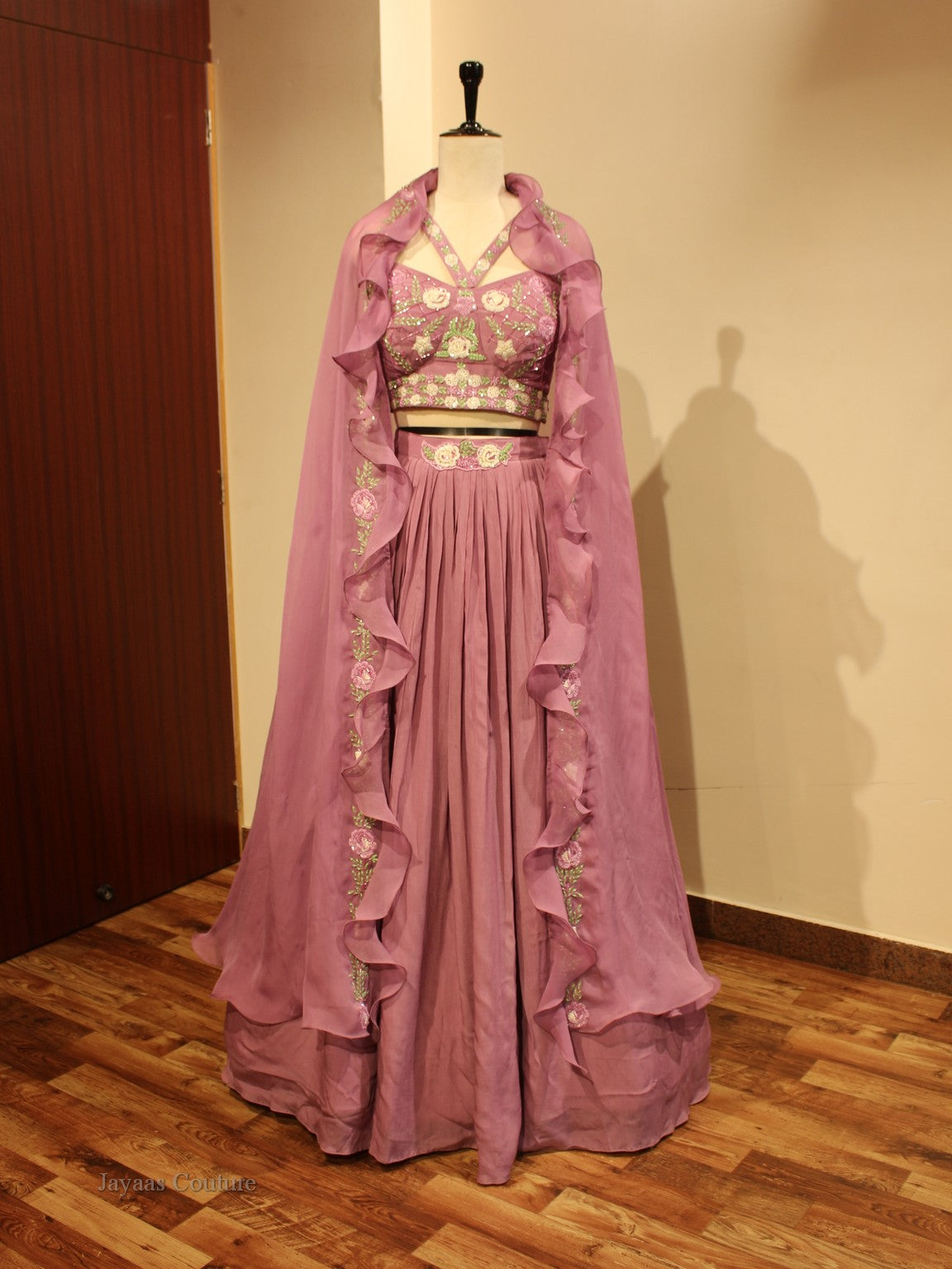 Mauve Crop top with pleted skirt and frilled cape