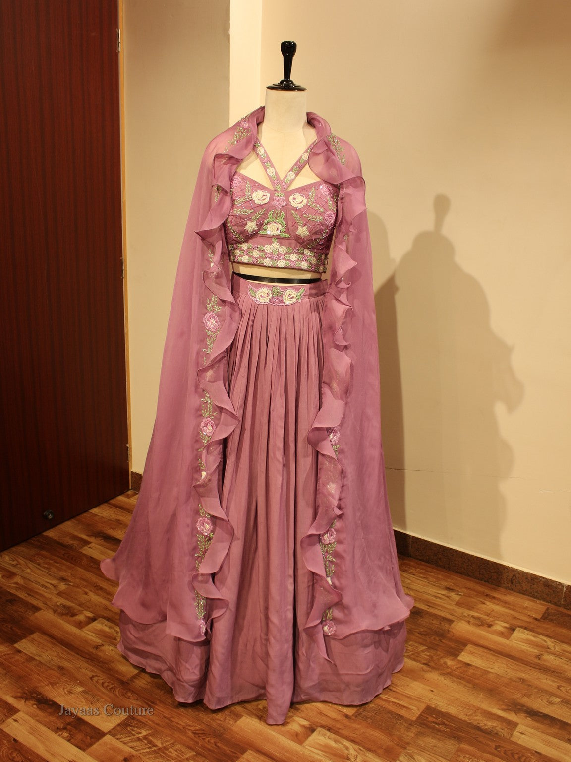 Mauve Crop top with pleted skirt and frilled cape