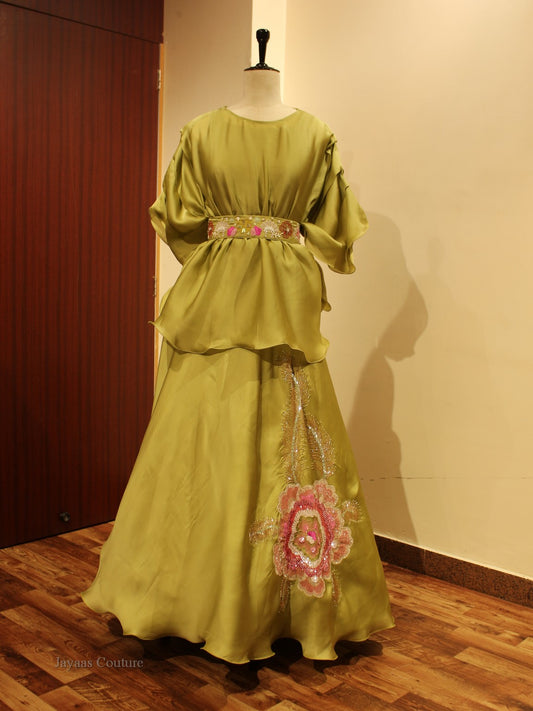 Green kaftan with embroidered skirt