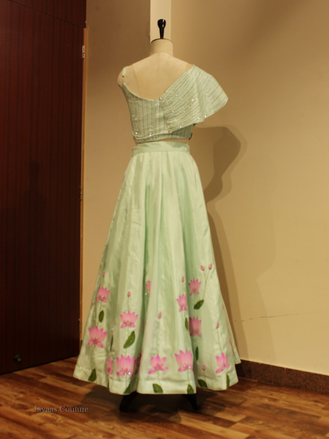 Pista green drape crop top with skirt